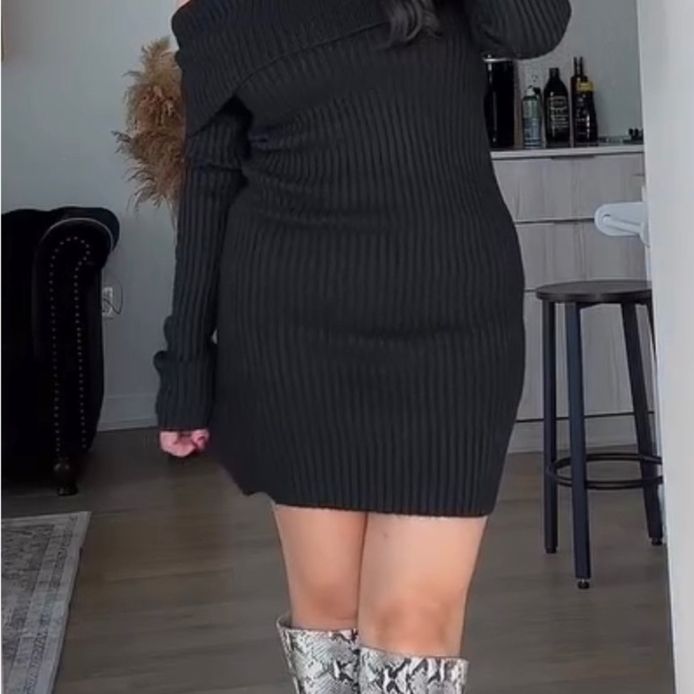Black Off-Shoulder Ribbed Dress